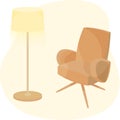 Floor lamp and retro armchair on wooden legs. Cozy hygge style.